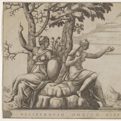 Hercules at the cross-roads, he is seated at the right, to the left are female personifications of Virtue and Vice, engraving by Adamo (Ghisi) Scultori after Giulio Romano